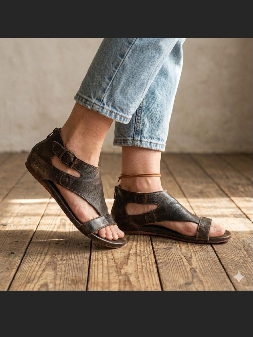BED|STU Distressed Brown Leather Cutout Women's Sandals